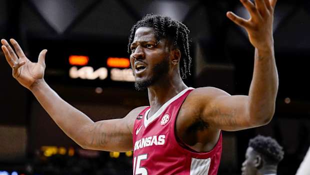 Razorbacks' Makhi Mitchell reacts against Missouri